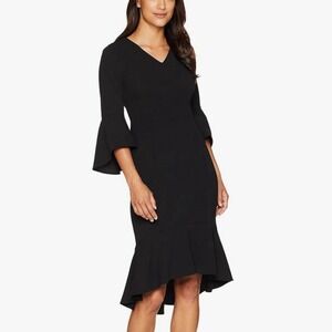 Calvin Klein Black 3/4 Bell Sleeve Stretch Crepe Midi Hi Lo Flounce Dress Size 4